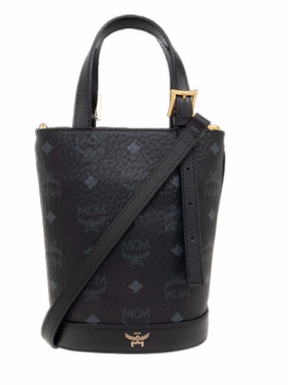 MCM Black Monogram Pebbled Leather Mini Bucket Bag with Gold Hardware - Picture 2 of 5